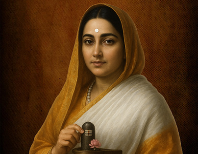 Painted portrait of Maharani Ahilyabai Holkar in a white sari with a gold border, holding a small Shiva linga with a lotus flower at its base, against a dark red ground.