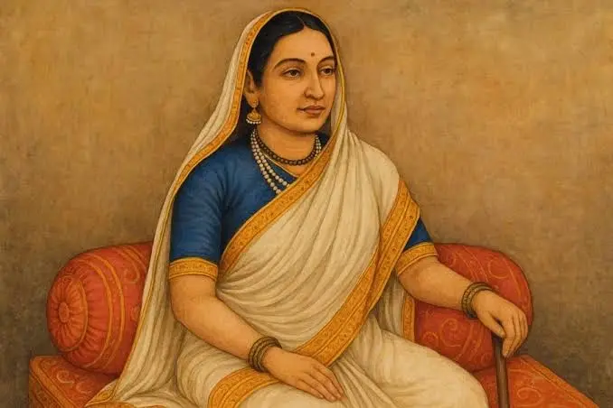 Painting of Ahilyabai Holkar seated on a red cushioned seat in a white sari with a gold border, wearing pearl necklaces and holding a staff.